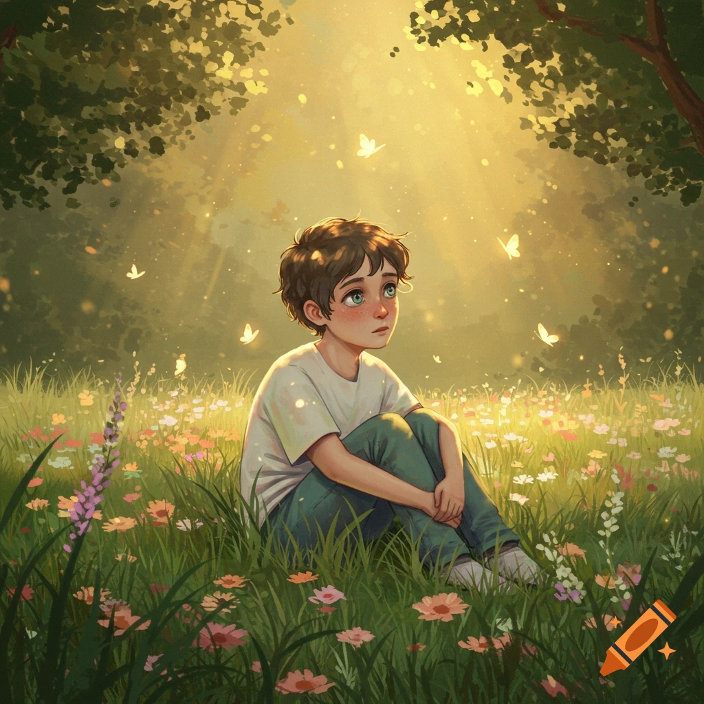 Illustrated boy with brown hair and green eyes sits in a sunlit meadow of flowers, looking up at glowing butterflies.