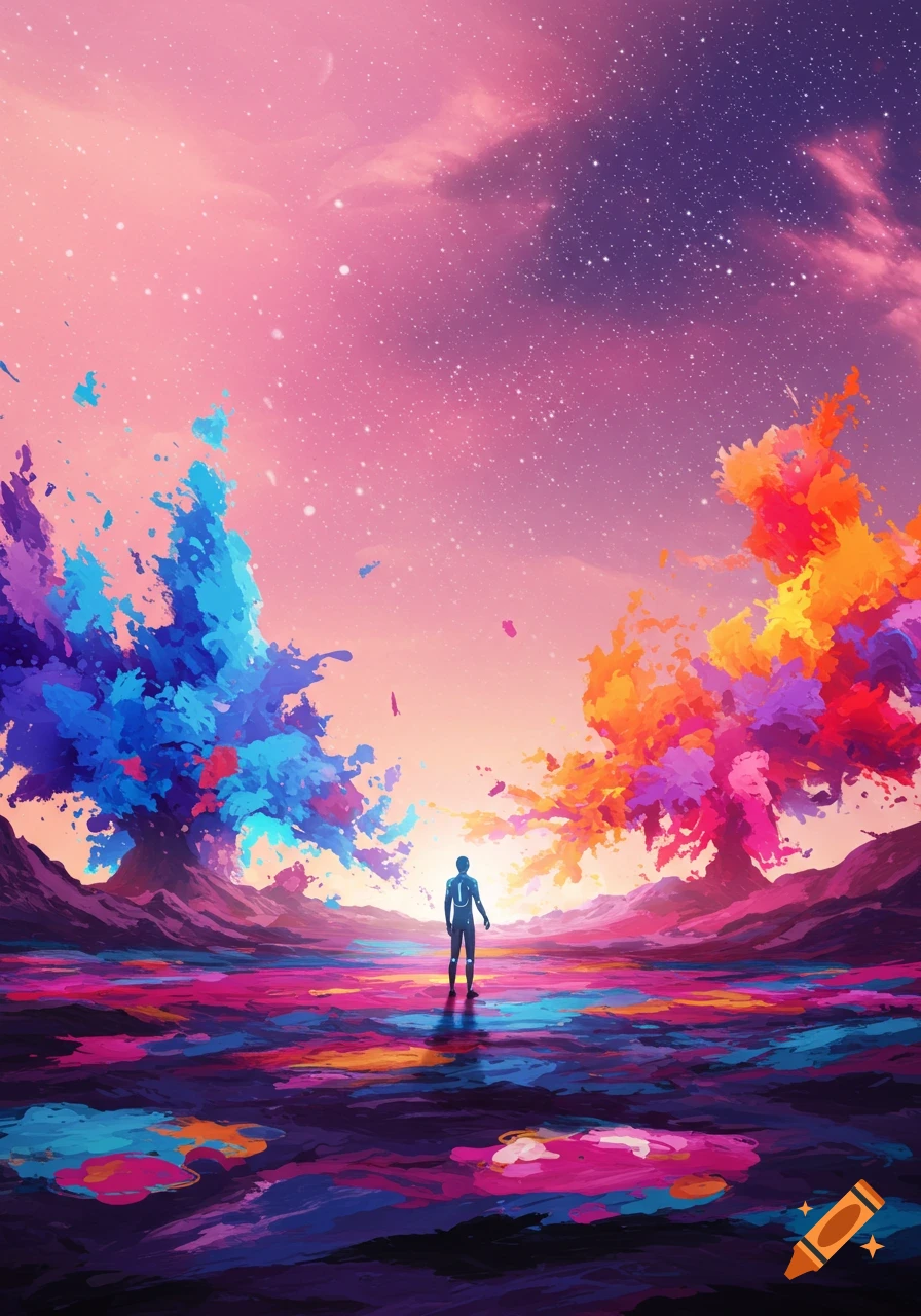 A stylized figure stands in a vibrant, colorful, surreal landscape with two large, abstract trees and a starry sky.