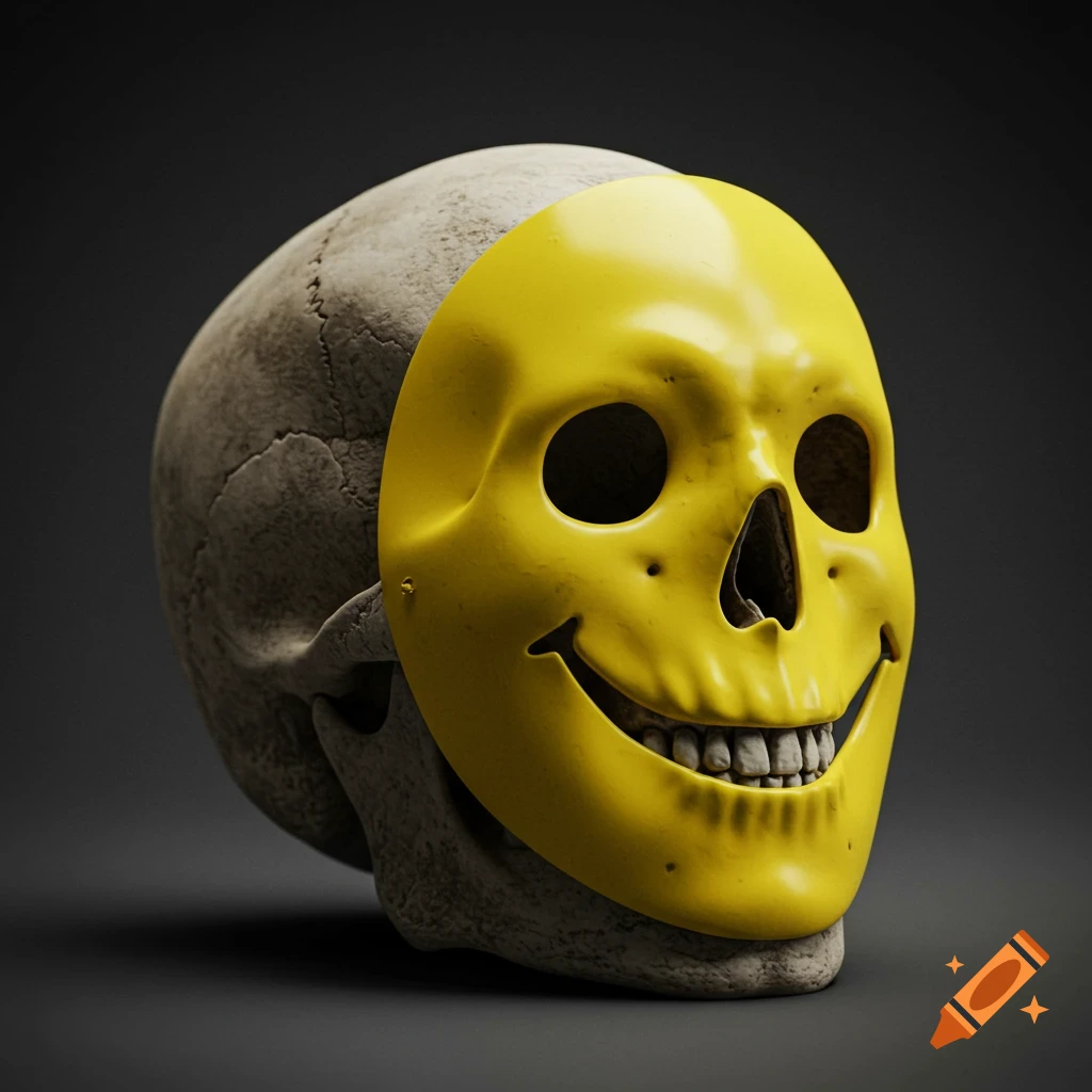 Photorealistic human skull partially covered by a yellow smiley face mask.