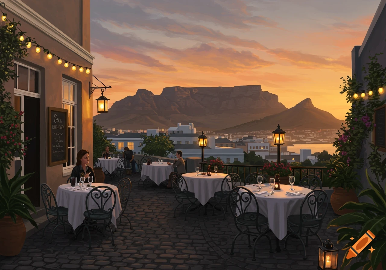 A scenic cafe patio at sunset overlooking Cape Town and Table Mountain, with patrons at tables.