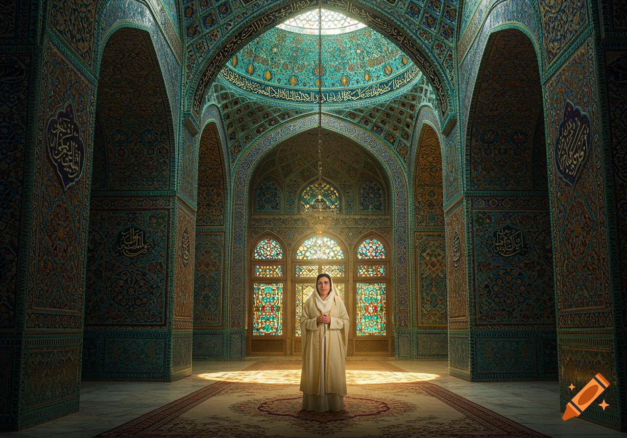 A woman stands centrally in a grand mosque, adorned with intricate turquoise and gold calligraphy, illuminated by natural light.