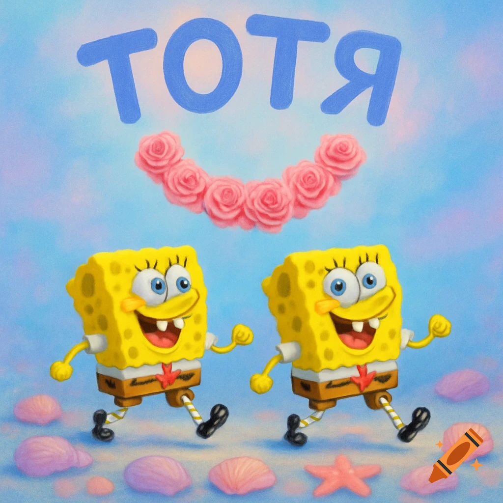 Two cheerful Spongebob SquarePants characters walk among pink seashells under a blue sky, with the text "ТОТЯ" and an arc of pink roses above them.