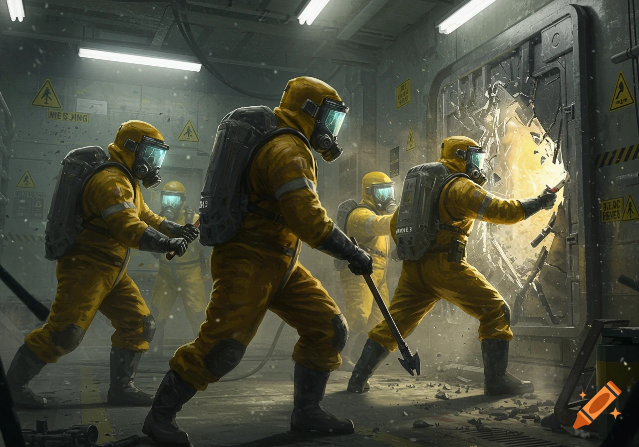 Several figures in yellow hazmat suits break open a door in a dimly lit industrial facility, surrounded by debris.