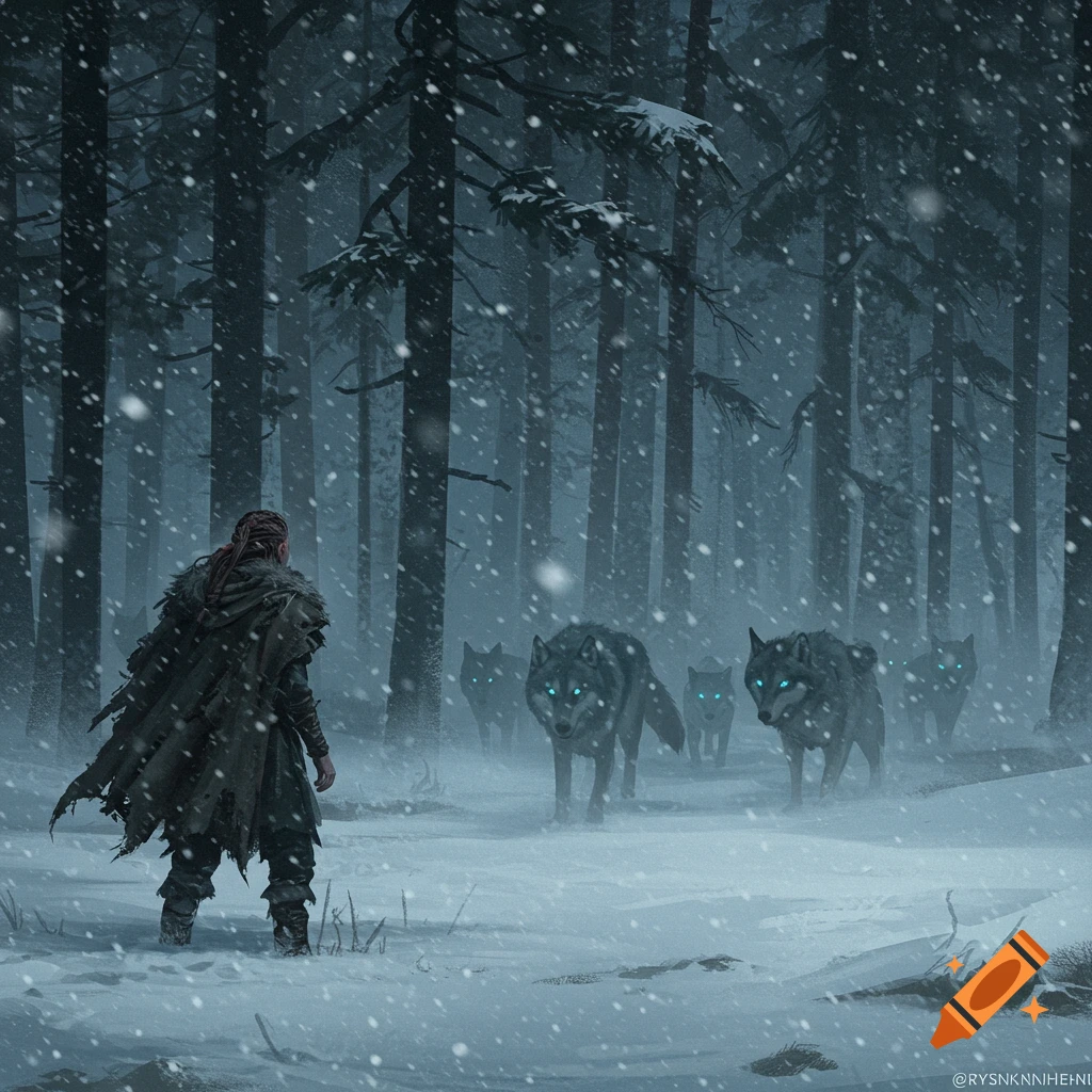 A lone figure in a tattered cloak faces a pack of glowing-eyed wolves in a snowy, dark forest during a snowfall. Fantasy illustration.