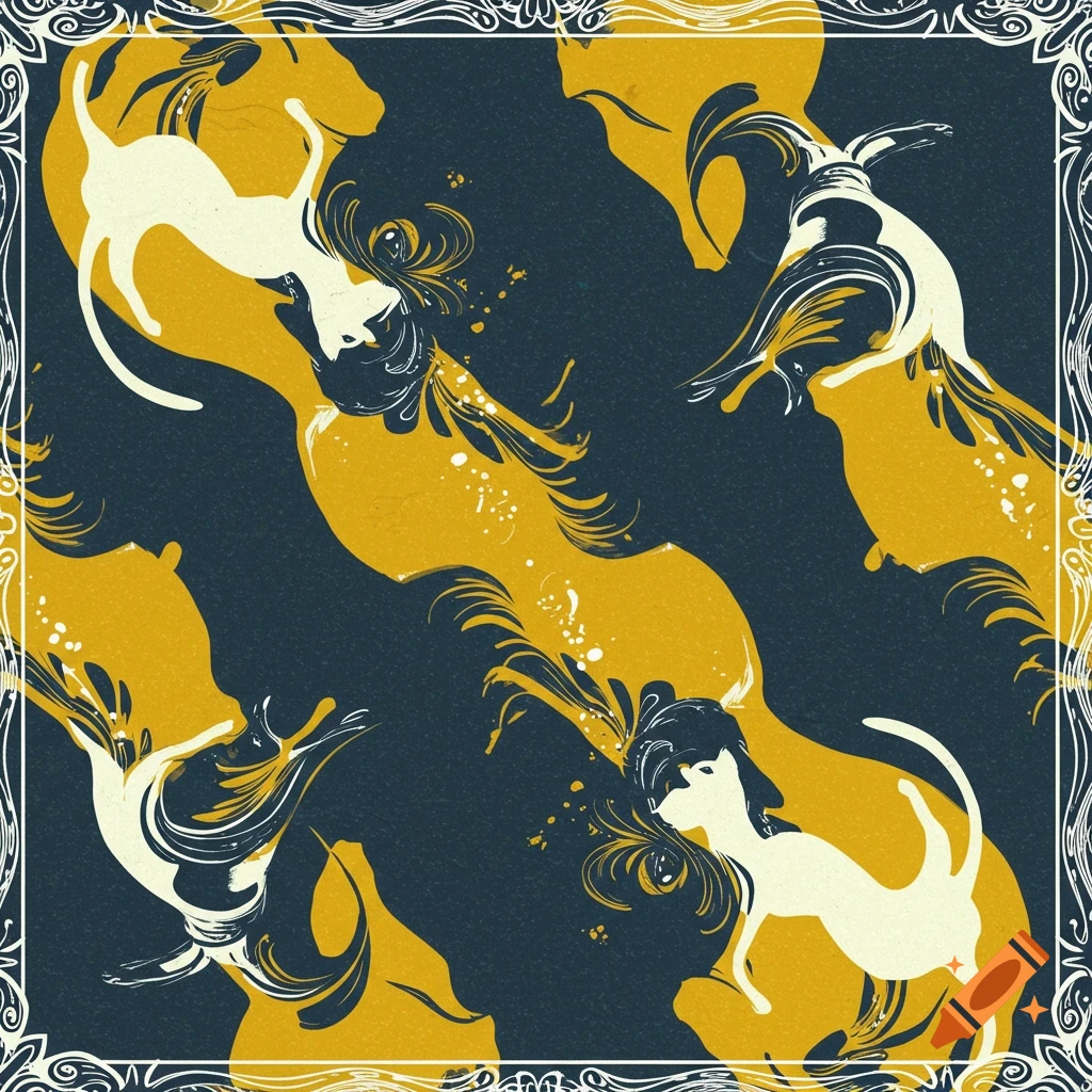 Stylized white cat silhouettes on a dark blue and yellow symmetrical pattern with a decorative border.
