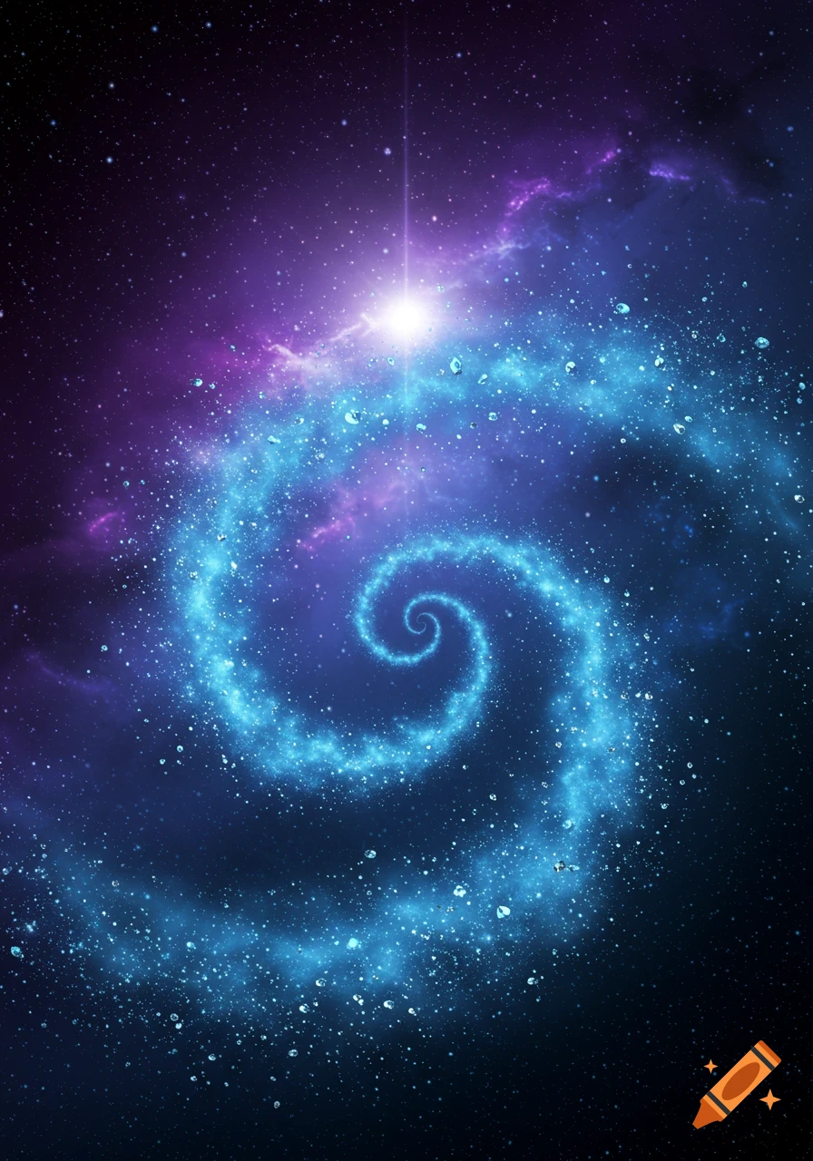 A luminous blue spiral galaxy of stars and dust swirls in deep space against a dark, purple nebula background.