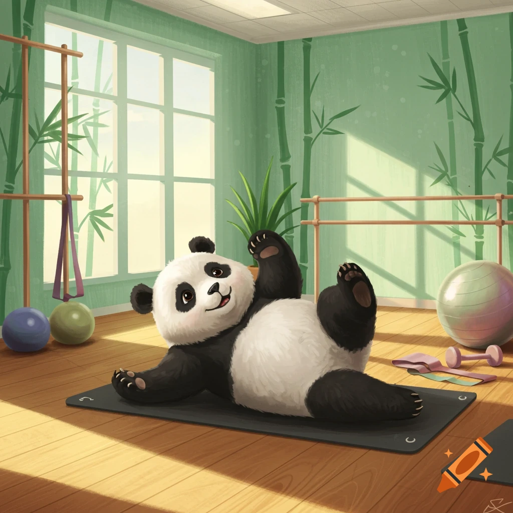 A cute cartoon panda doing a pilates exercise on a mat in a sunny studio with bamboo decor.