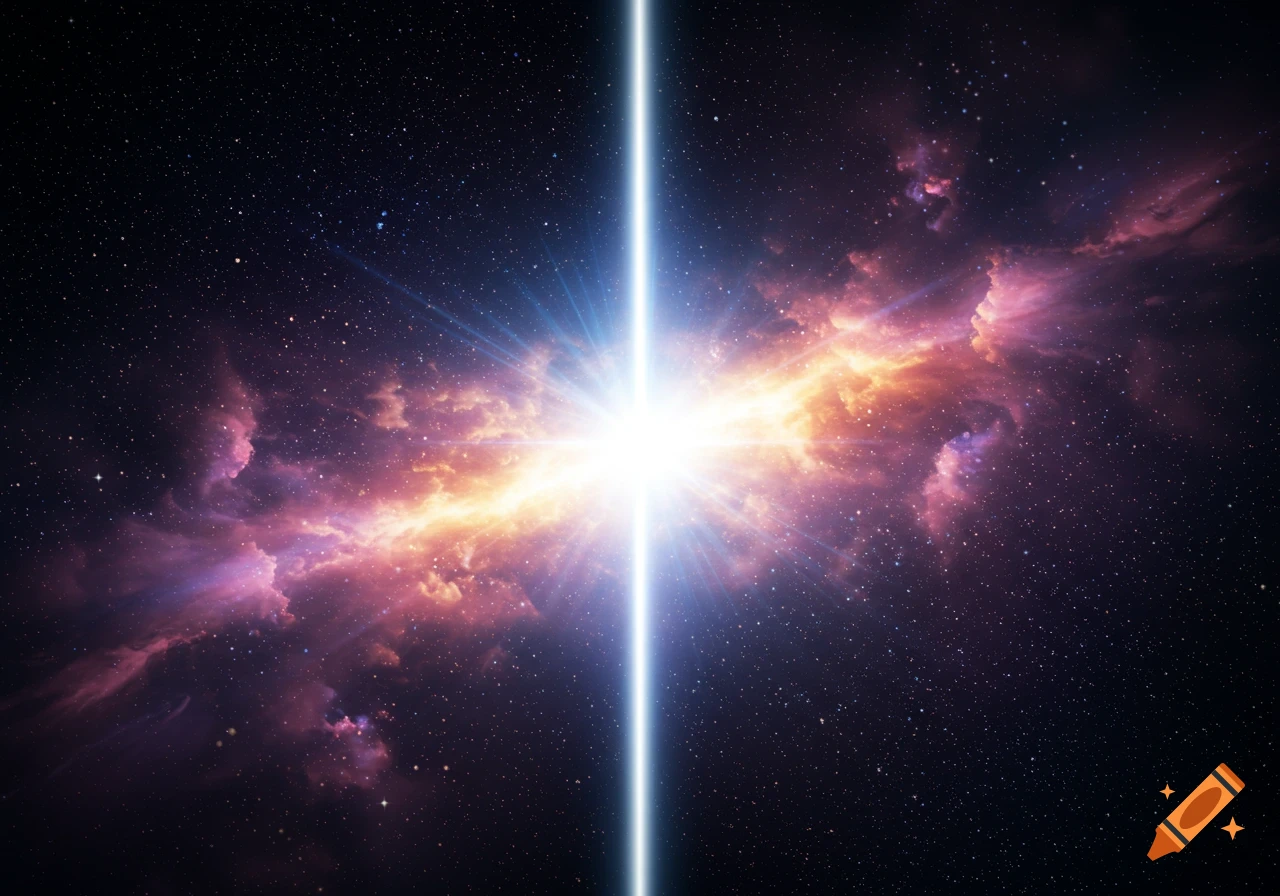 A bright white light beam in space, shining through colorful nebulae and countless stars.