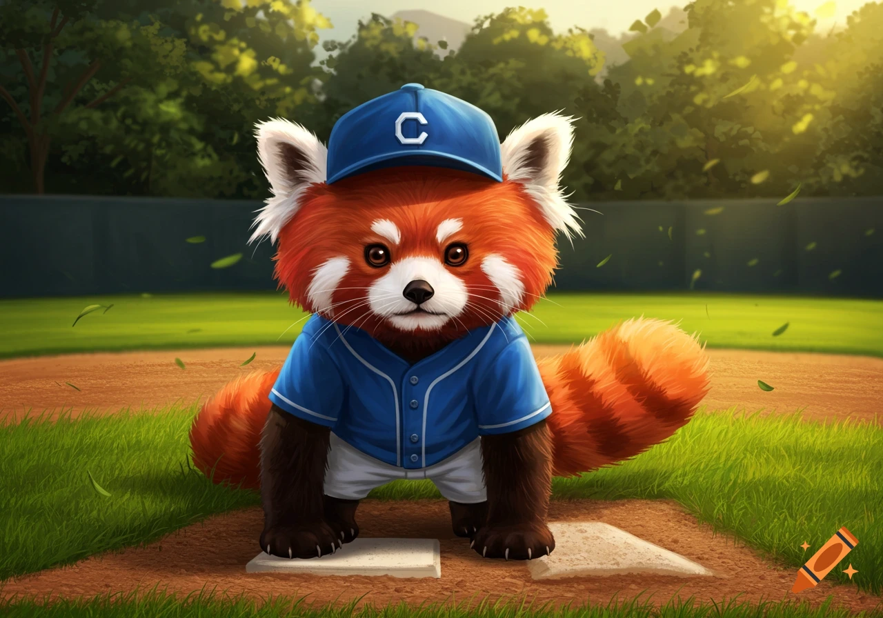 A cute, fluffy red panda wearing a blue baseball uniform and cap with a 'C' on it, standing on a baseball field.
