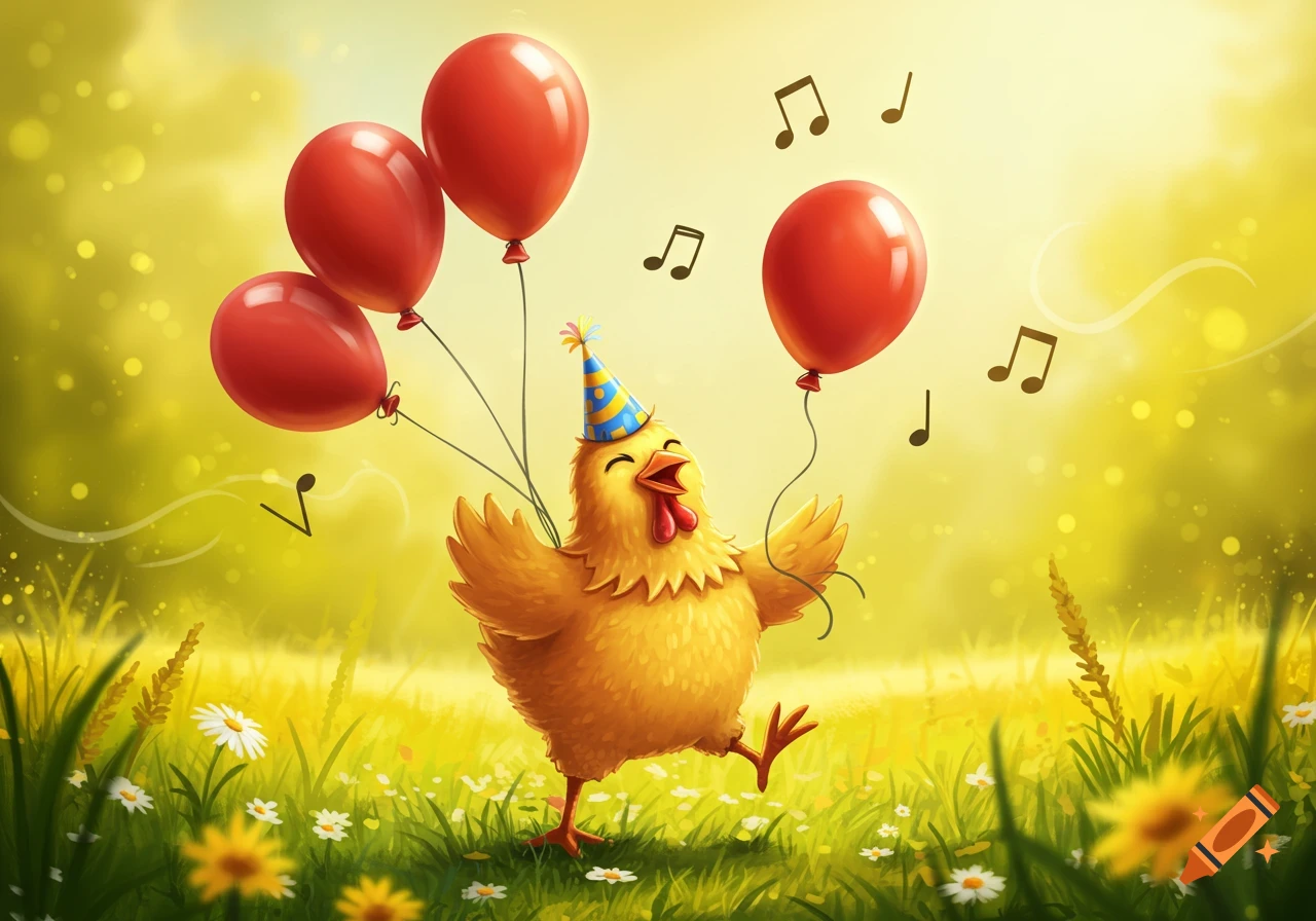 A happy cartoon chicken wearing a party hat dances in a sunny field, holding red balloons with musical notes floating around.