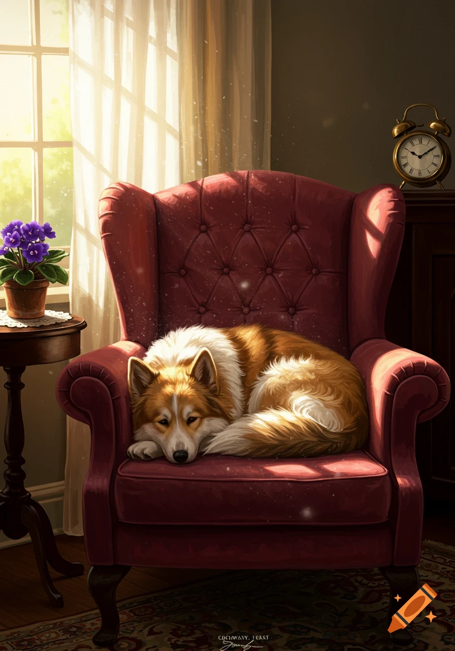 A fluffy brown and white dog sleeps curled up on a red armchair in a sunlit room, digital art style.