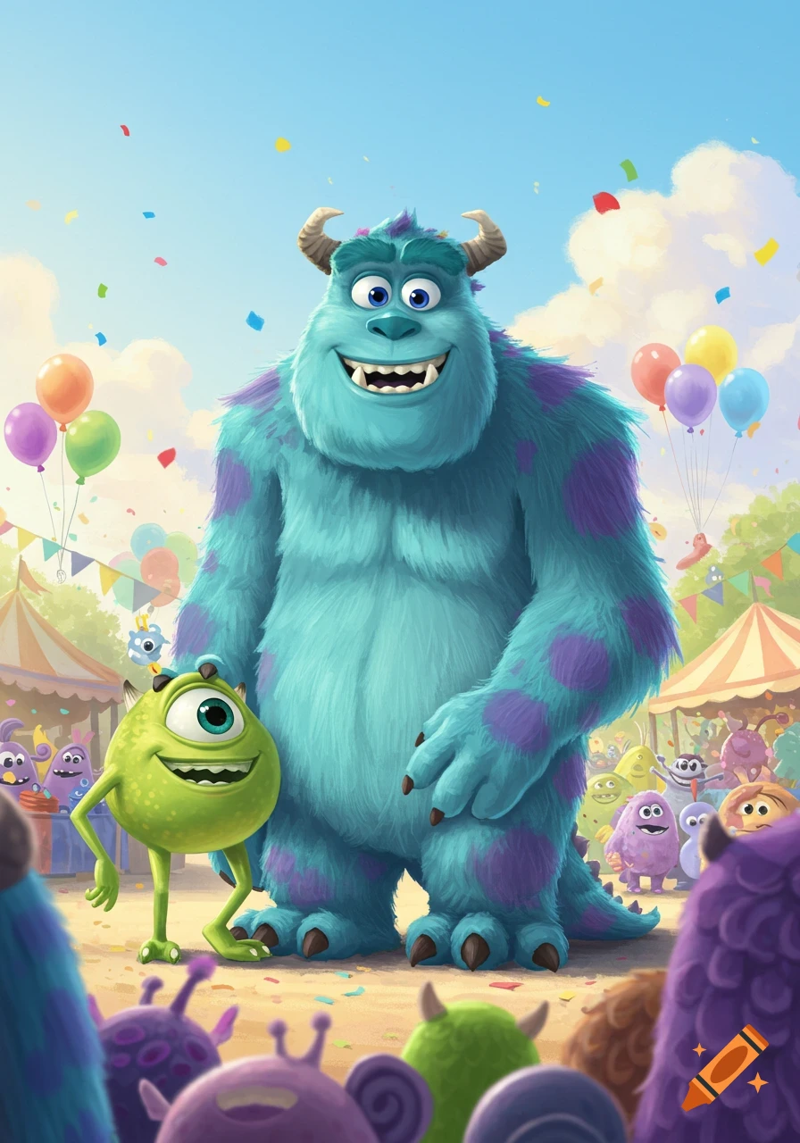 Sulley and Mike Wazowski smiling at a colorful outdoor carnival, surrounded by balloons, confetti, and other small monsters in an animated style.