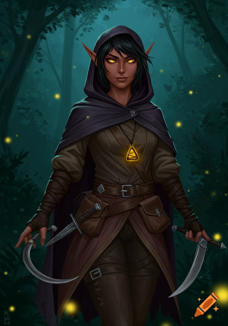 A dark-skinned female half-elf in a dark hooded cloak holds a sickle and dagger in a glowing, dark forest.