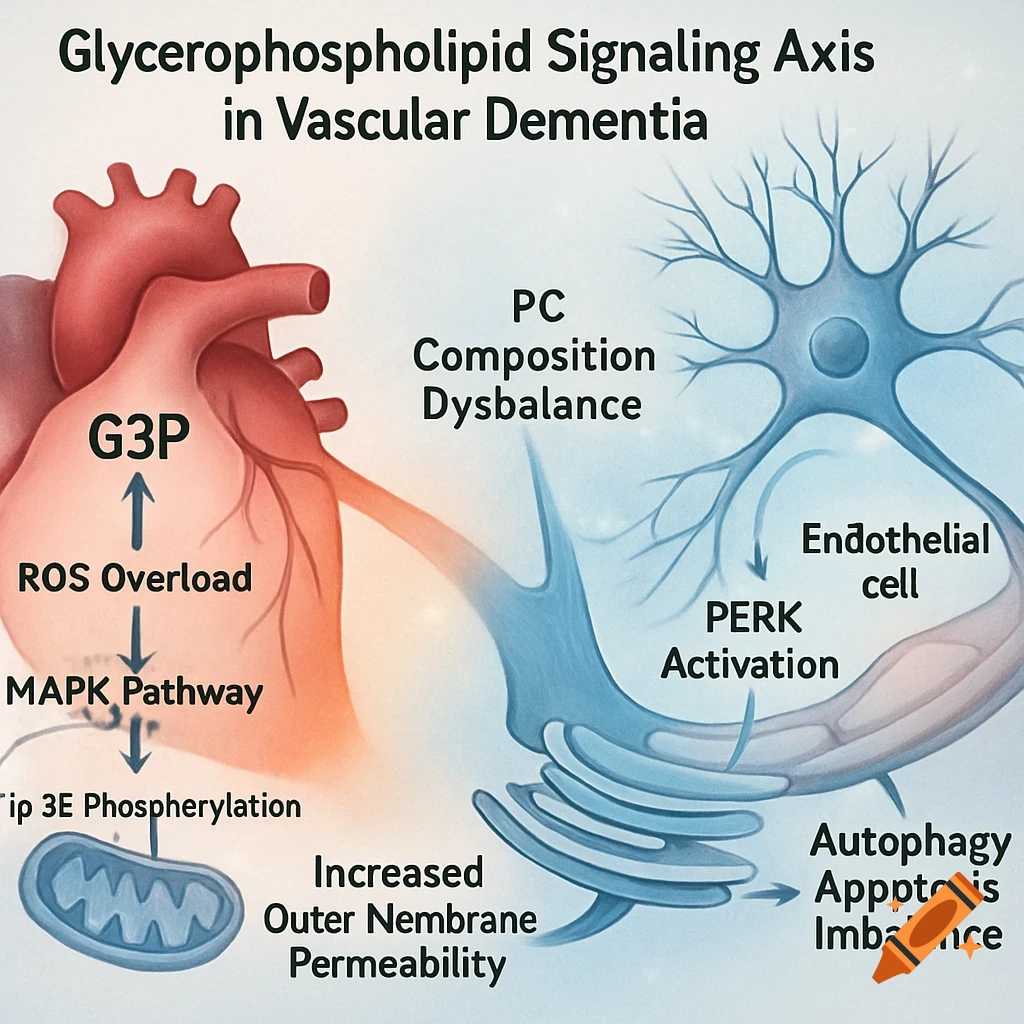 Scientific diagram illustrating the glycerophospholipid signaling axis in vascular dementia, showing a stylized heart, neuron, and mitochondria with various biological processes and labels.