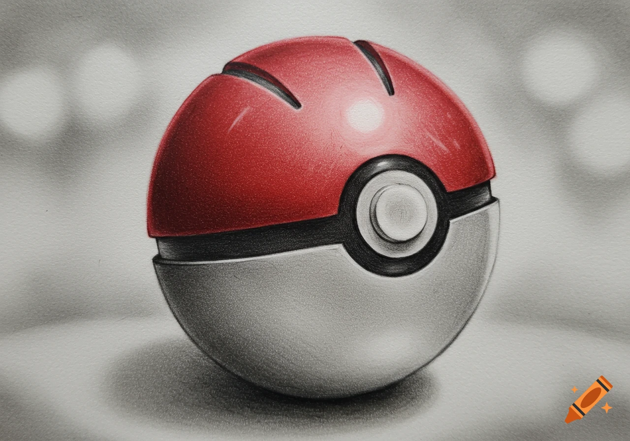 Realistic colored pencil drawing of a classic red and white Pokeball.