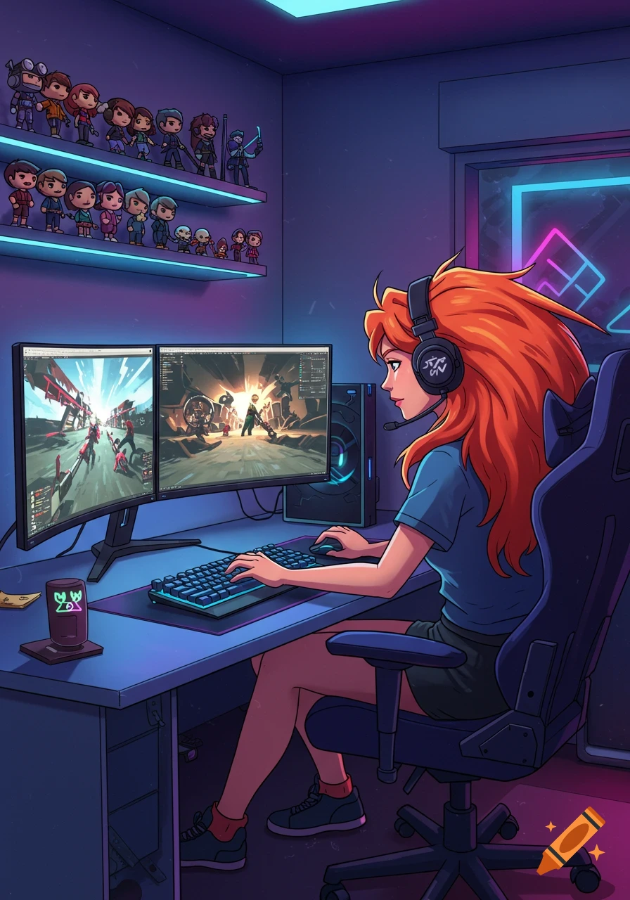 A red-haired gamer with headphones sits at a desk, playing a video game on dual monitors in a neon-lit room with shelves of collectible figures. Illustrated style.