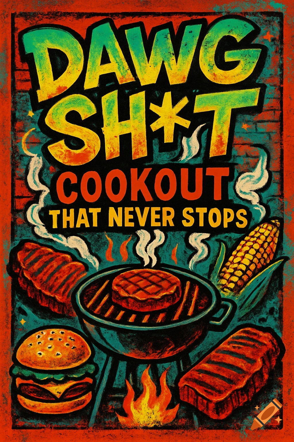 Stylized urban poster for a 'Dawg Sh*t Cookout That Never Stops' event, featuring a grill, burger, ribs, and corn in a chalky art style.