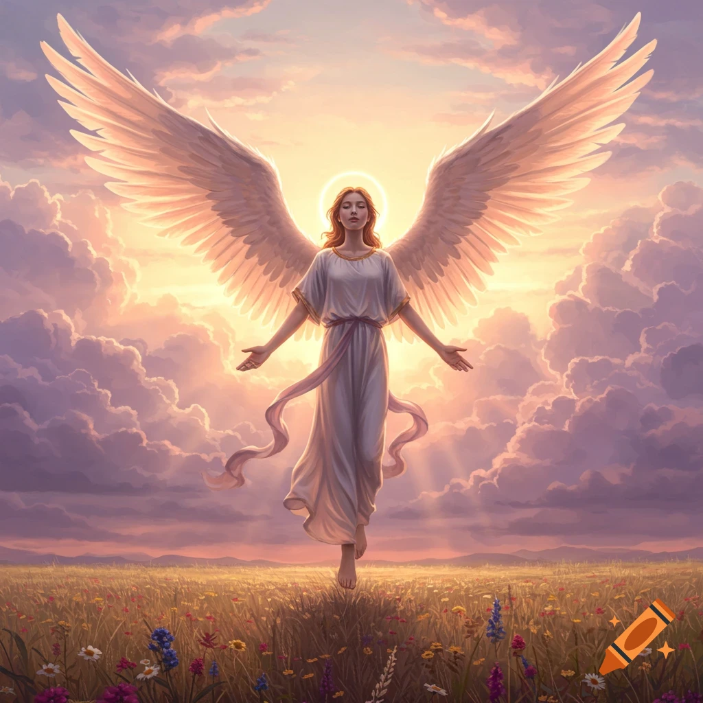 A majestic angel with large white wings, a glowing halo, and a white flowing dress floats over a field of wildflowers at sunset.