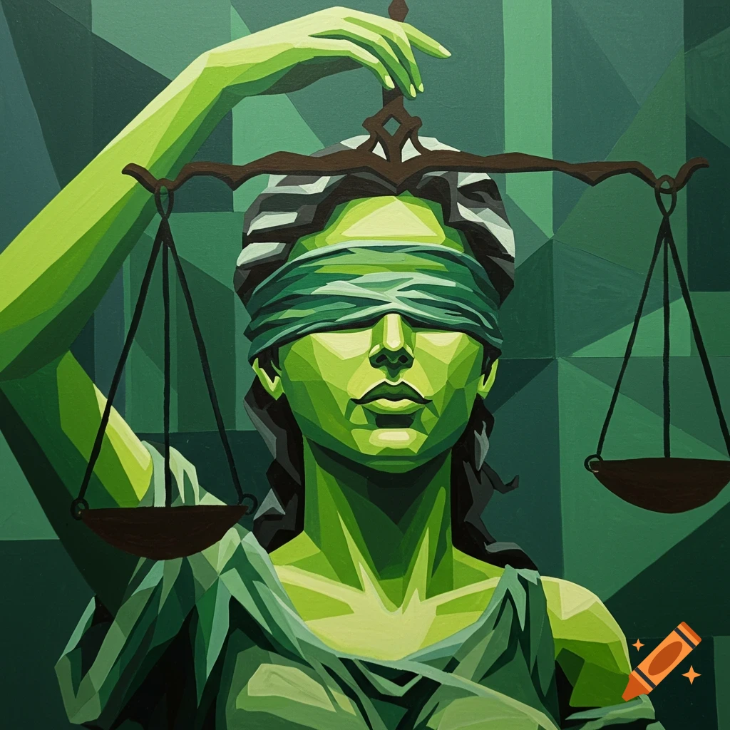 Cubist painting of a blindfolded Lady Justice holding scales, rendered in shades of green.