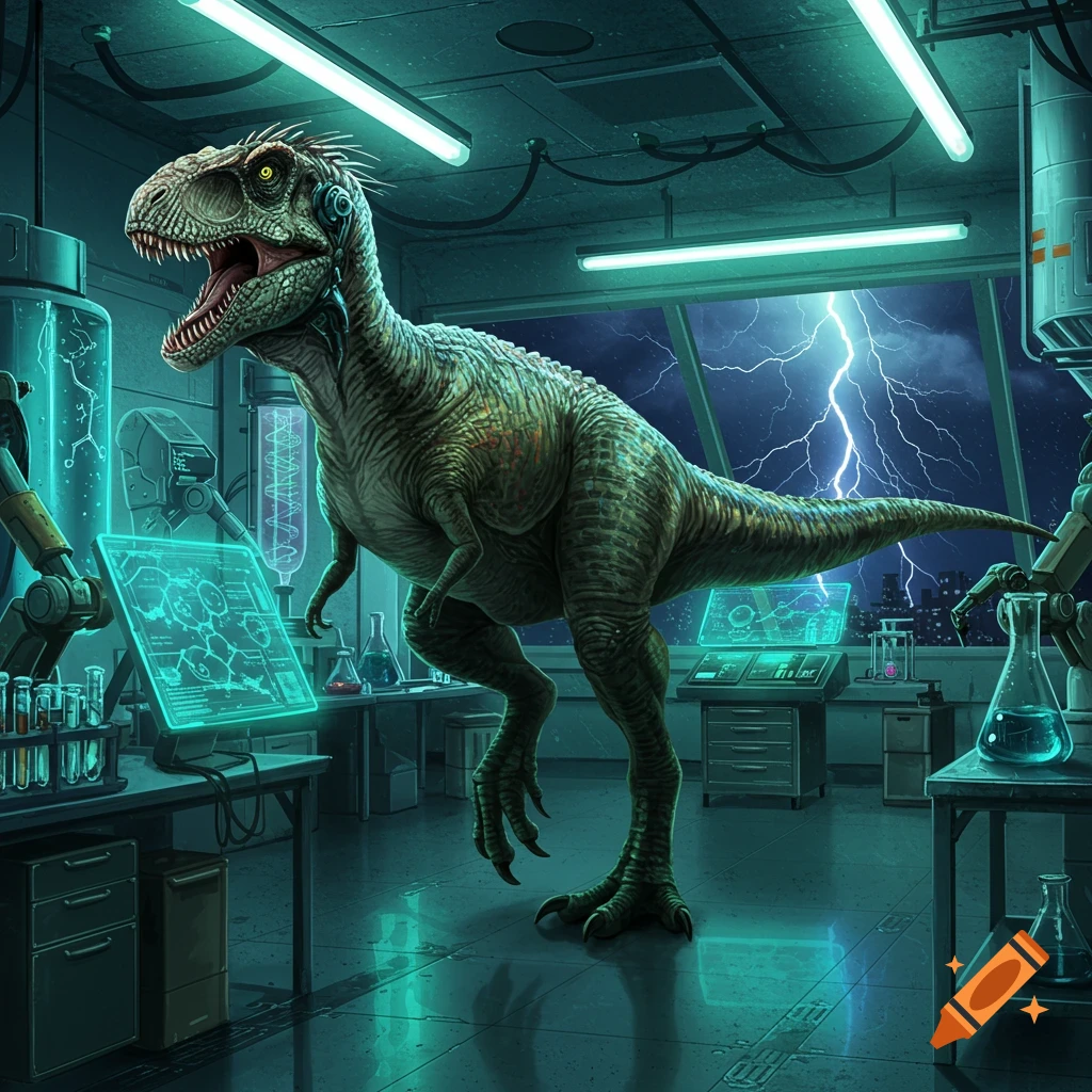 A large green dinosaur with subtle cybernetic features stands in a futuristic science lab, with lightning striking outside.