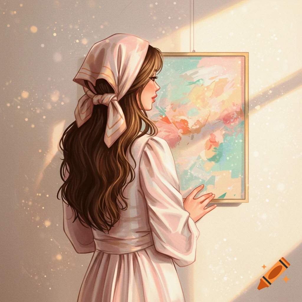 Illustration of a woman in a pastel headscarf and dress, admiring a colorful abstract painting on a sunlit wall.