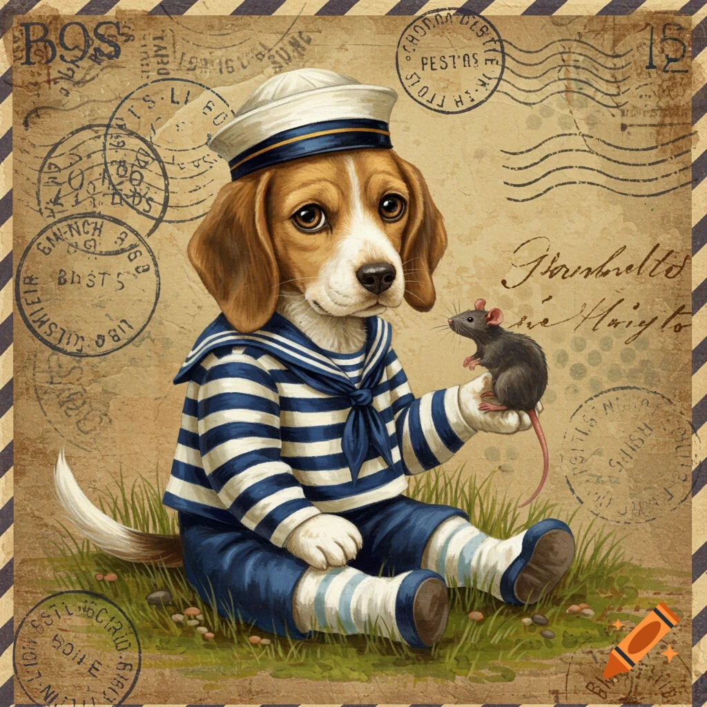 A cute beagle puppy in a sailor suit sits on grass, holding a small rat against a vintage stamp-themed background.