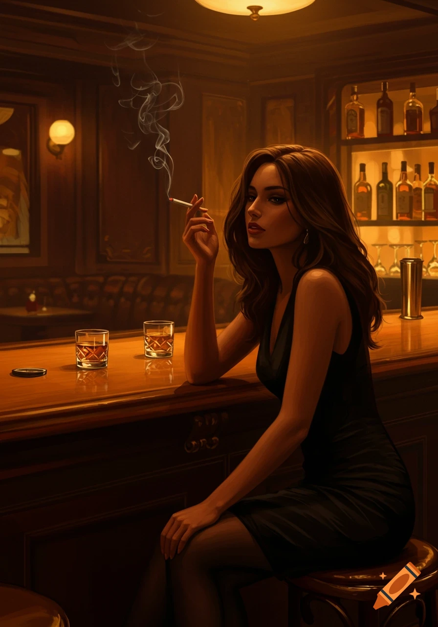 A woman with brown hair sits at a dimly lit bar, smoking a cigarette, with two drinks on the counter. Digital art.