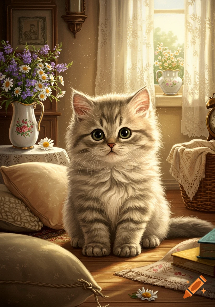 A fluffy, grey and white tabby kitten sits on a wooden floor in a sunlit, cozy room with flowers and pillows. Illustration style.