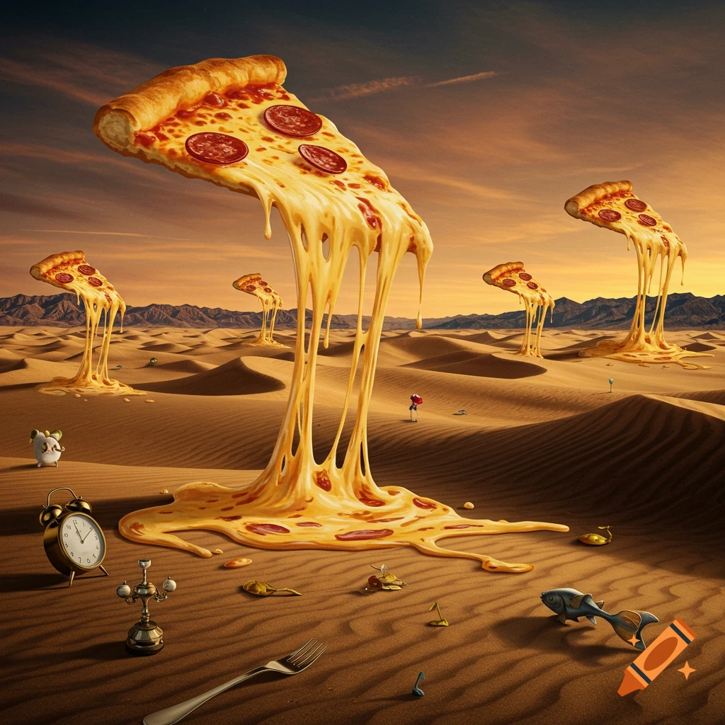 Surreal desert landscape with giant melting pizza slices, an alarm clock, fork, and fish on the sand in the style of Salvador Dalí.