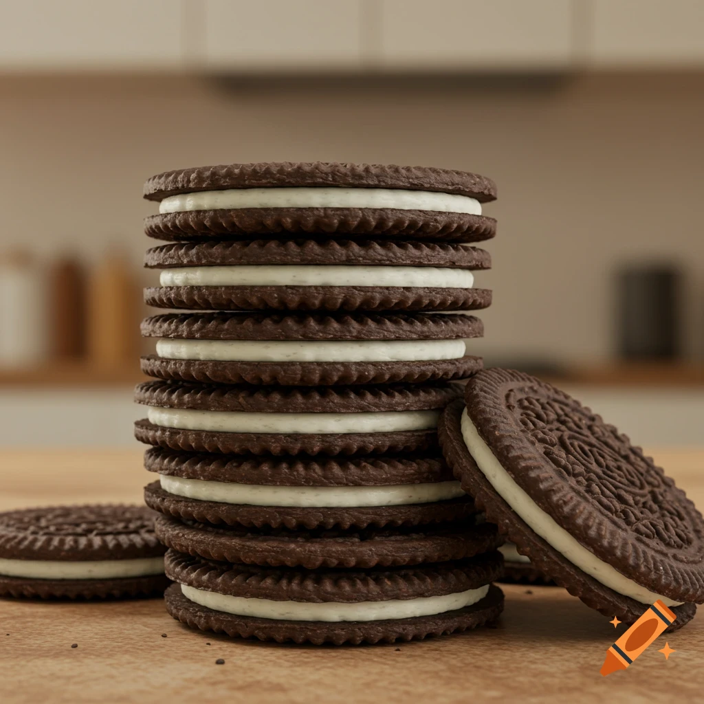 A tall stack of round chocolate sandwich cookies with white cream filling on a wooden surface, with a few loose cookies nearby.