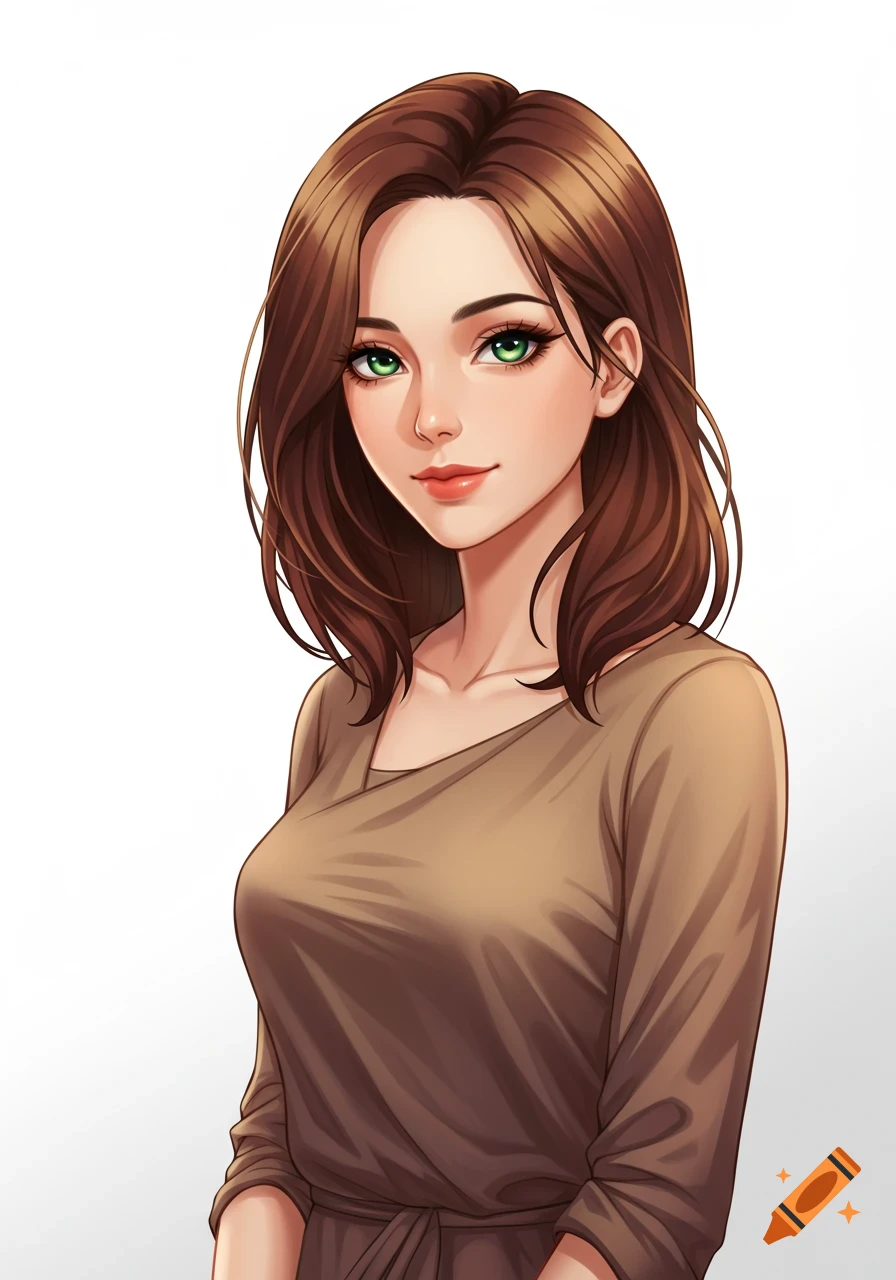 Anime-style portrait of a woman with long brown hair and striking green eyes, wearing a brown long-sleeved top.