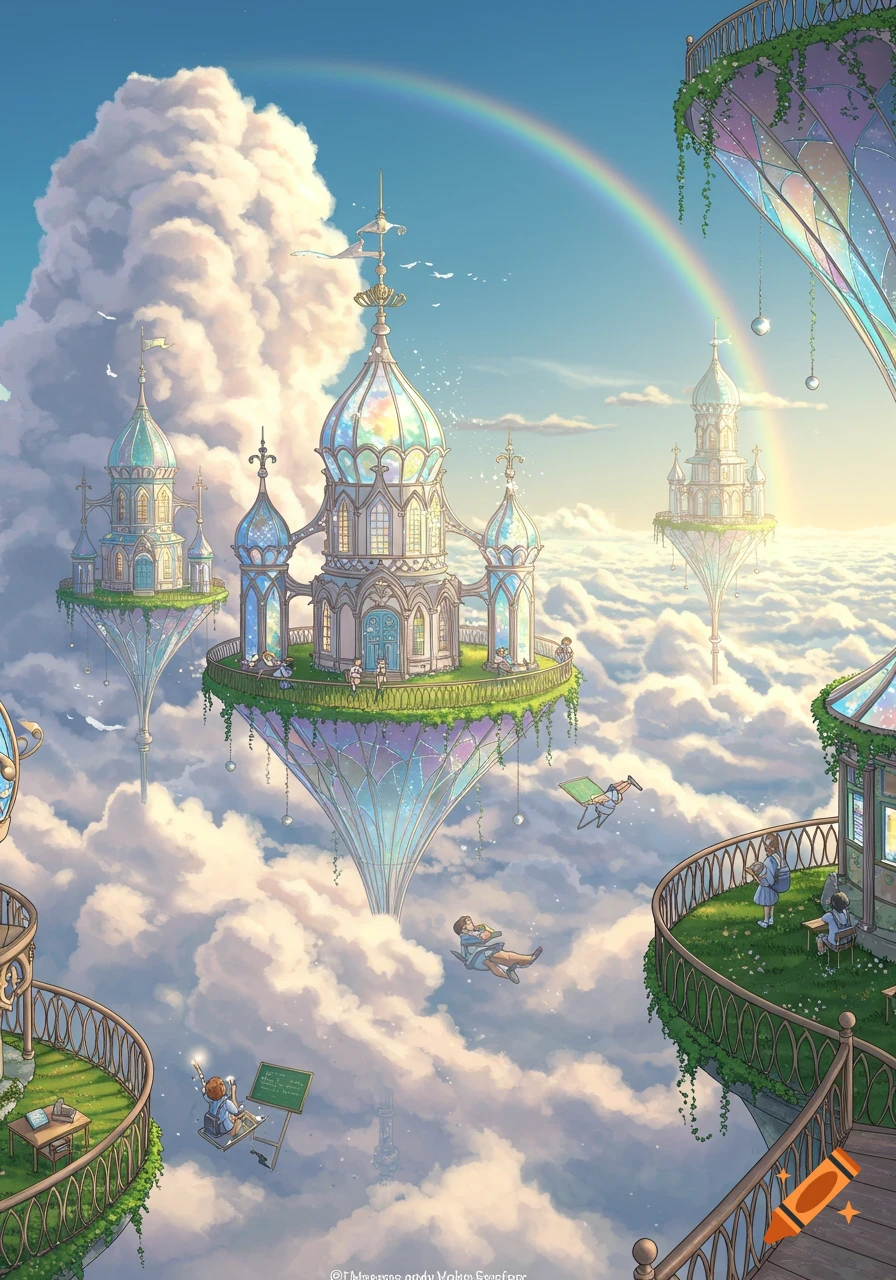 Anime-style floating school castles and islands in the clouds with students, set against a rainbow sky.