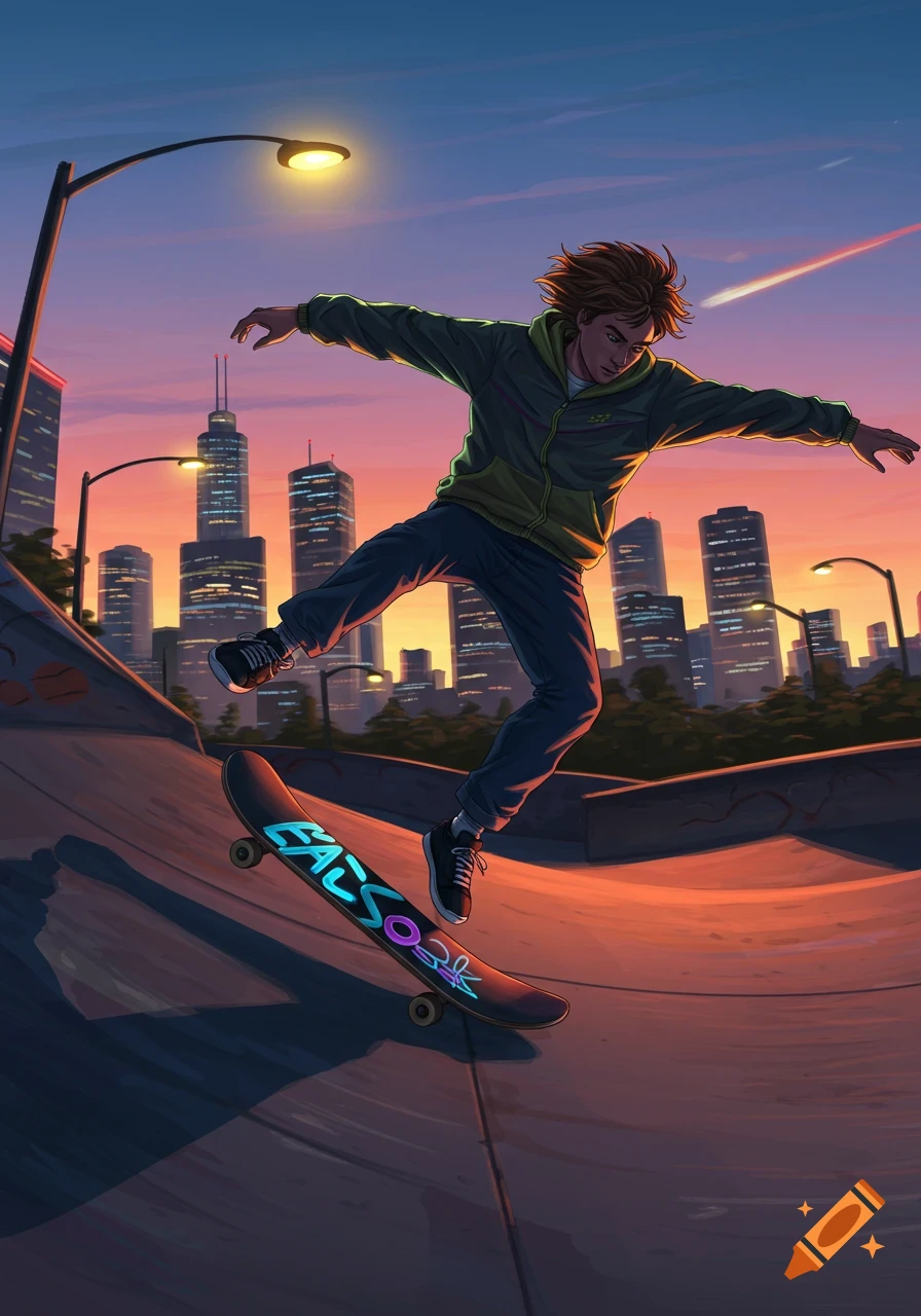 Illustrated skateboarder mid-trick against a vibrant sunset cityscape.
