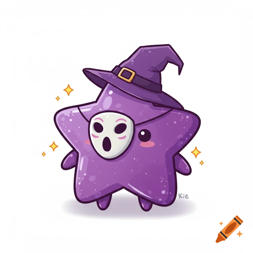 A cute purple star character wearing a witch hat and a ghost mask, sparkling on a white background, in a cartoon style.