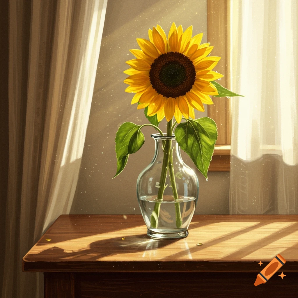 A vibrant sunflower stands in a clear glass vase on a wooden table, bathed in sunlight streaming through sheer curtains.