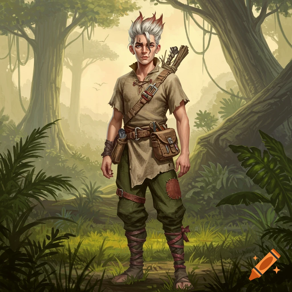 An anime-style illustration of a young man with spiky grey and red hair, wearing a worn survivalist outfit, standing in a lush jungle.