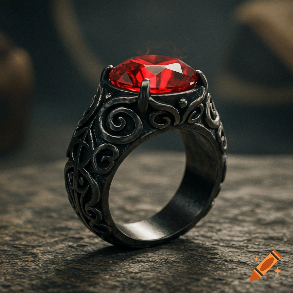 An ornate dark metal ring with a large, glowing red ruby, resting on a textured surface.