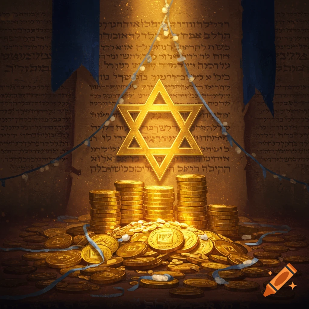 A glowing golden Star of David over stacks of gold coins, with background scrolls featuring ancient script.