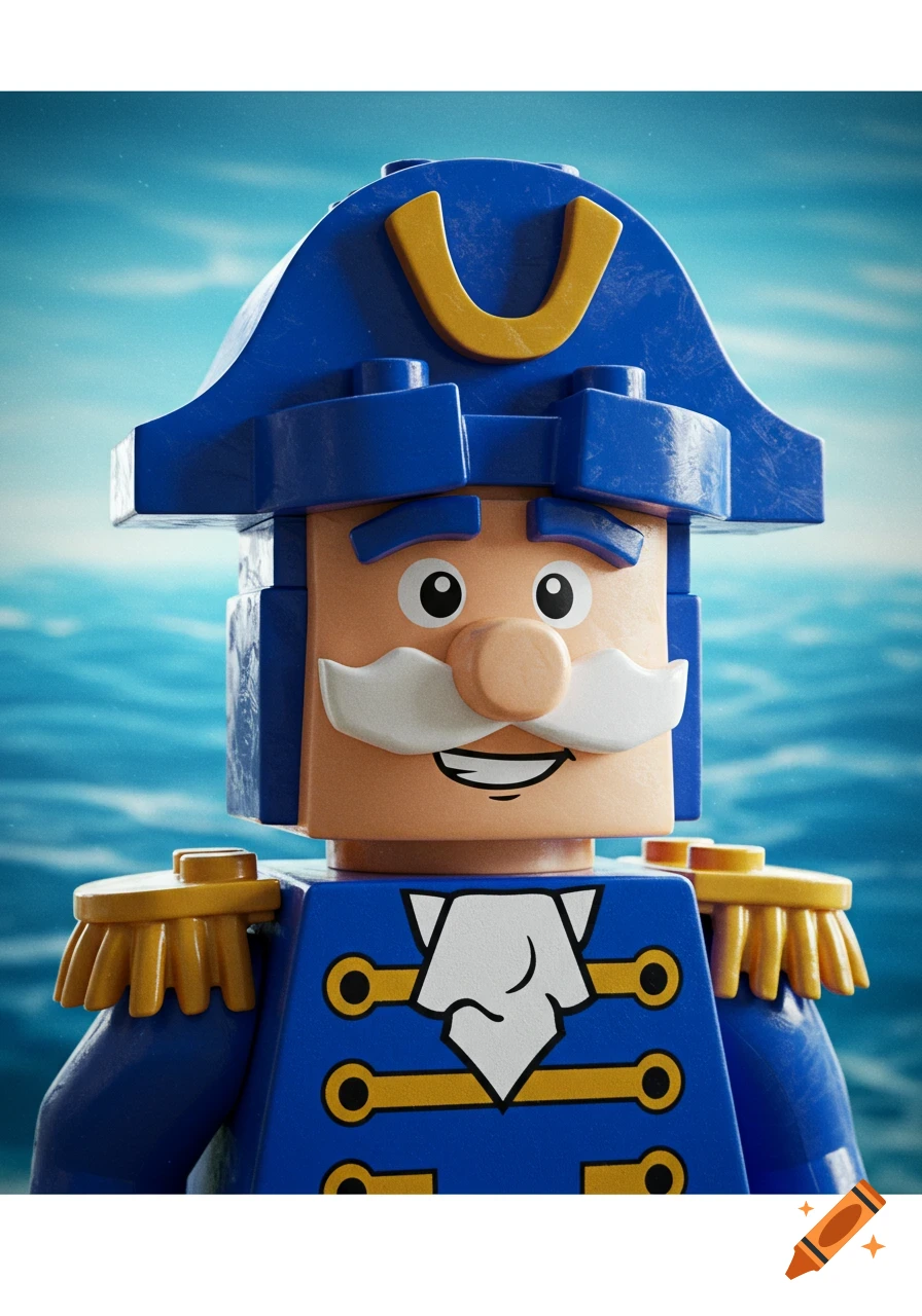 Front-facing portrait of a smiling Lego Captain Crunch in a blue uniform with a white mustache against a blue, wavy background.