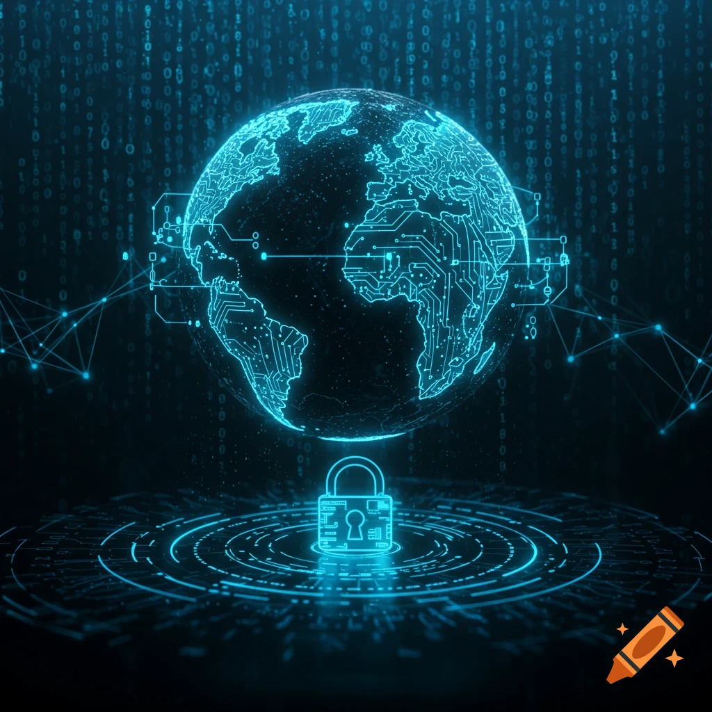 A glowing blue digital globe with circuit patterns and network lines, over binary code, with a padlock below.