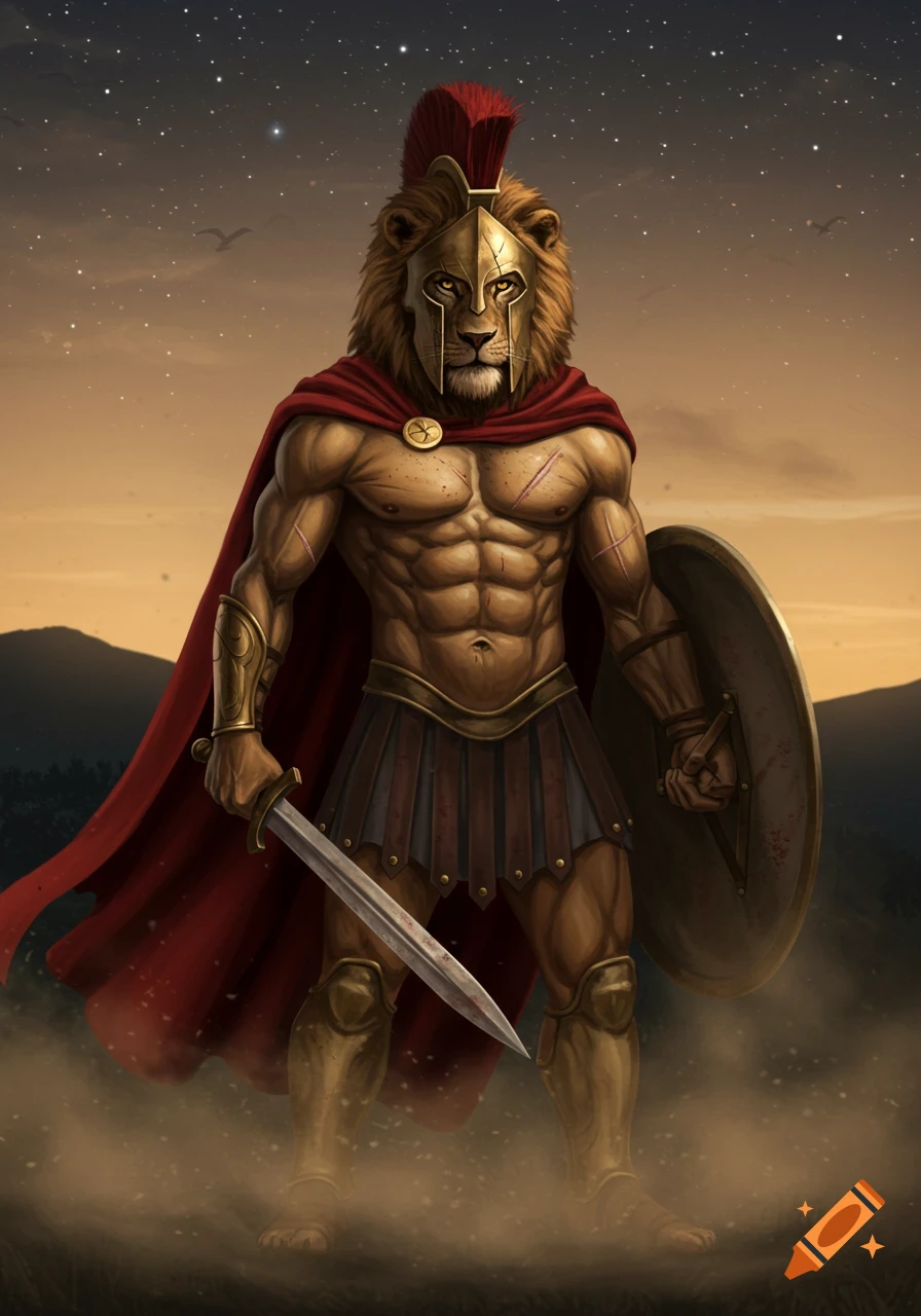 A majestic lion warrior in Spartan armor with a red cape, sword, and shield stands heroically on dusty ground at twilight.