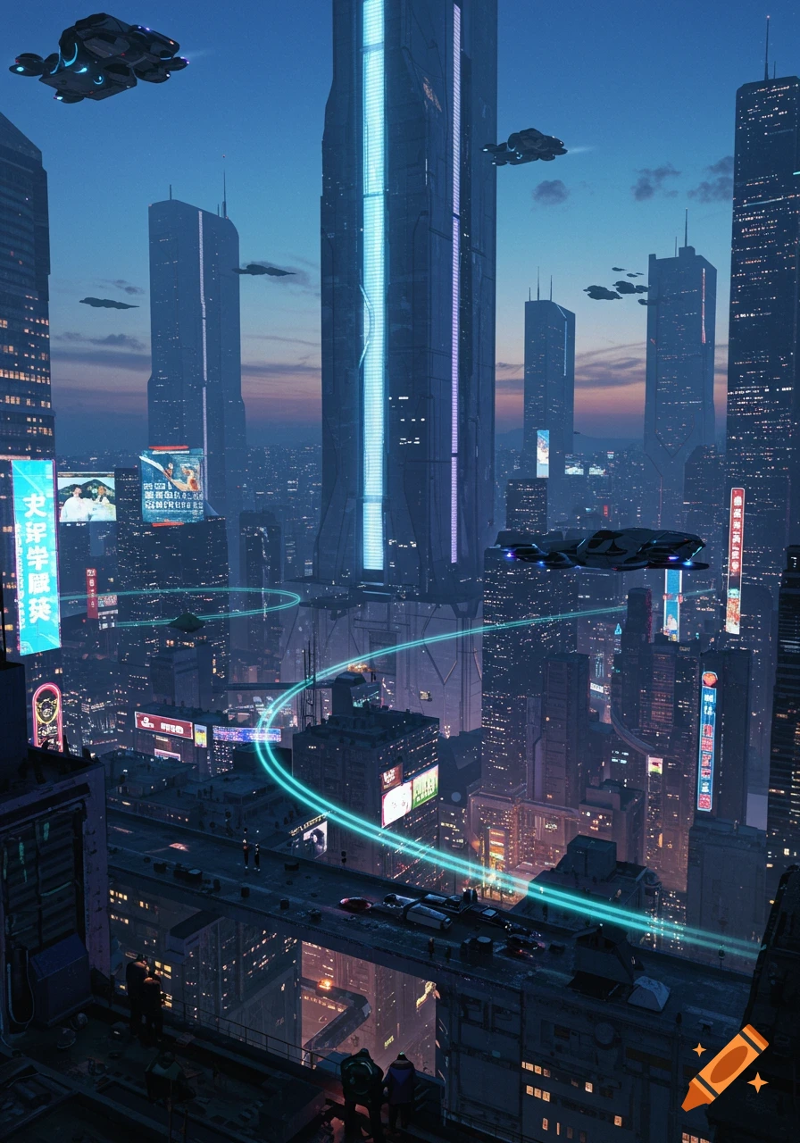 A sprawling futuristic city at dusk with towering skyscrapers, glowing neon signs, and flying vehicles.