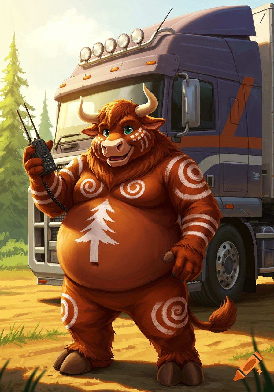 A happy, slightly overweight ginger bull character with tribal marks holds a CB radio, standing in front of a semi-truck in a cartoonish style.