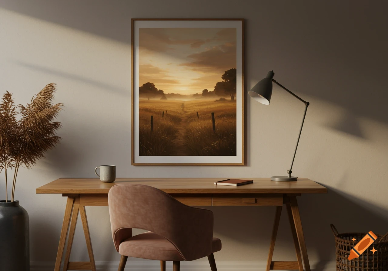 A cozy wooden desk with a beige chair, a lamp, and a framed painting of a misty field at sunrise. A plant in a vase stands nearby.