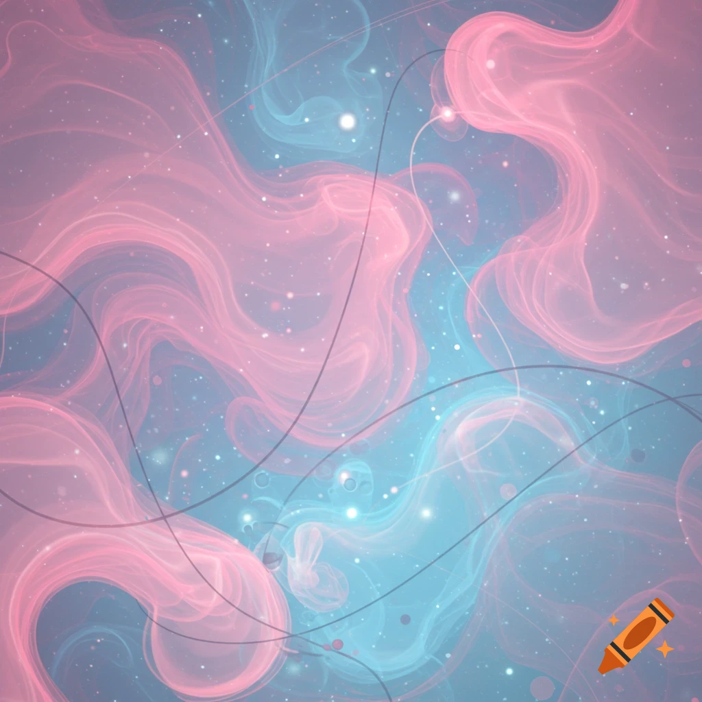 Abstract swirls of pink and blue smoke-like forms with sparkling particles and dark curved lines.