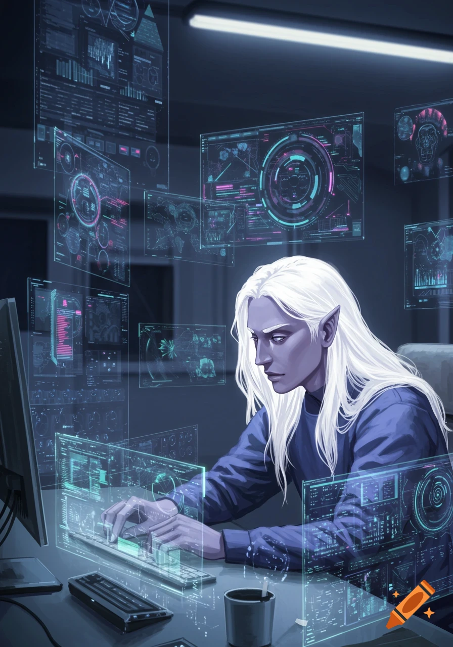 A white-haired, pale-skinned person with pointed ears works at a computer surrounded by glowing holographic data screens.