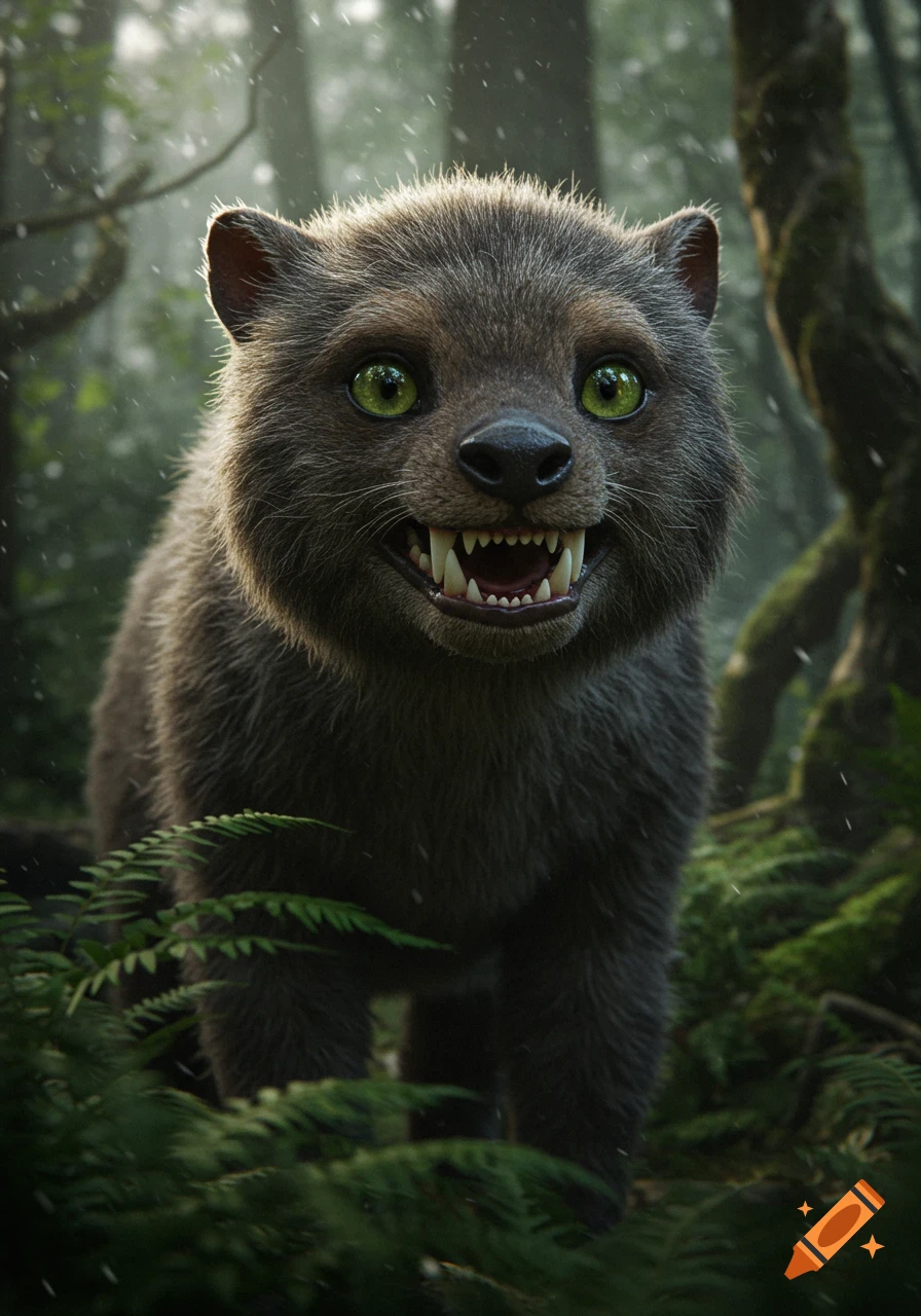 A furry, gray unidentified animal with large, bright green eyes and sharp teeth stares intensely from a misty forest.