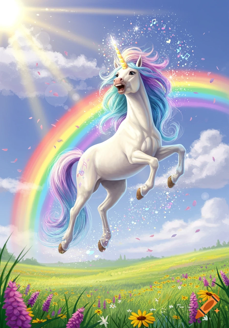 A majestic white unicorn with a rainbow mane and tail prances in a vibrant, sunlit meadow with wildflowers and a rainbow in the sky.