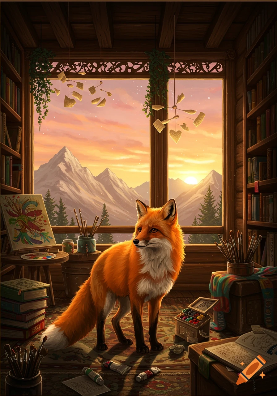 A curious orange fox stands in an artist's study filled with books and art supplies, looking out a window at a majestic mountain range under a sunset sky.