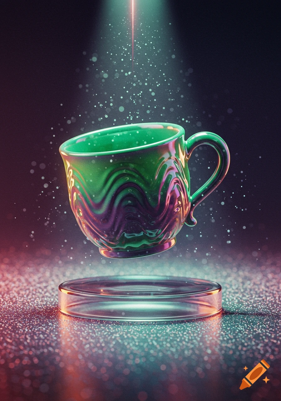 Iridescent green and purple cup floating above a reflective surface with light particles and a light beam.